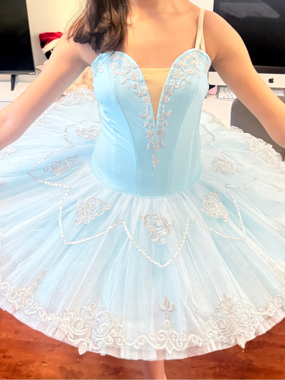 Delicate Light Blue Ballet Professional Tutu with Silver Embroidery